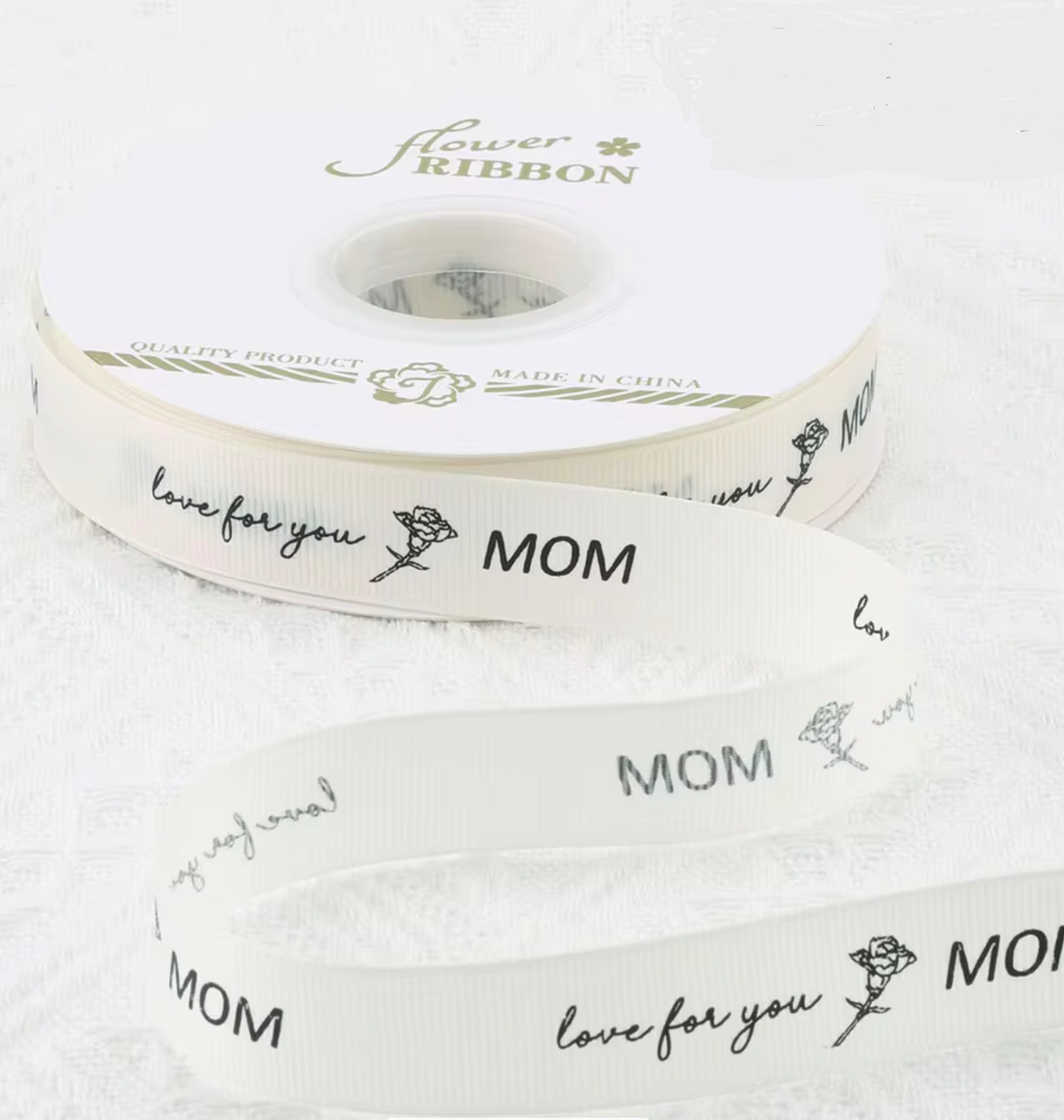 Ribbed "Love For You Mom" Ribbon — White