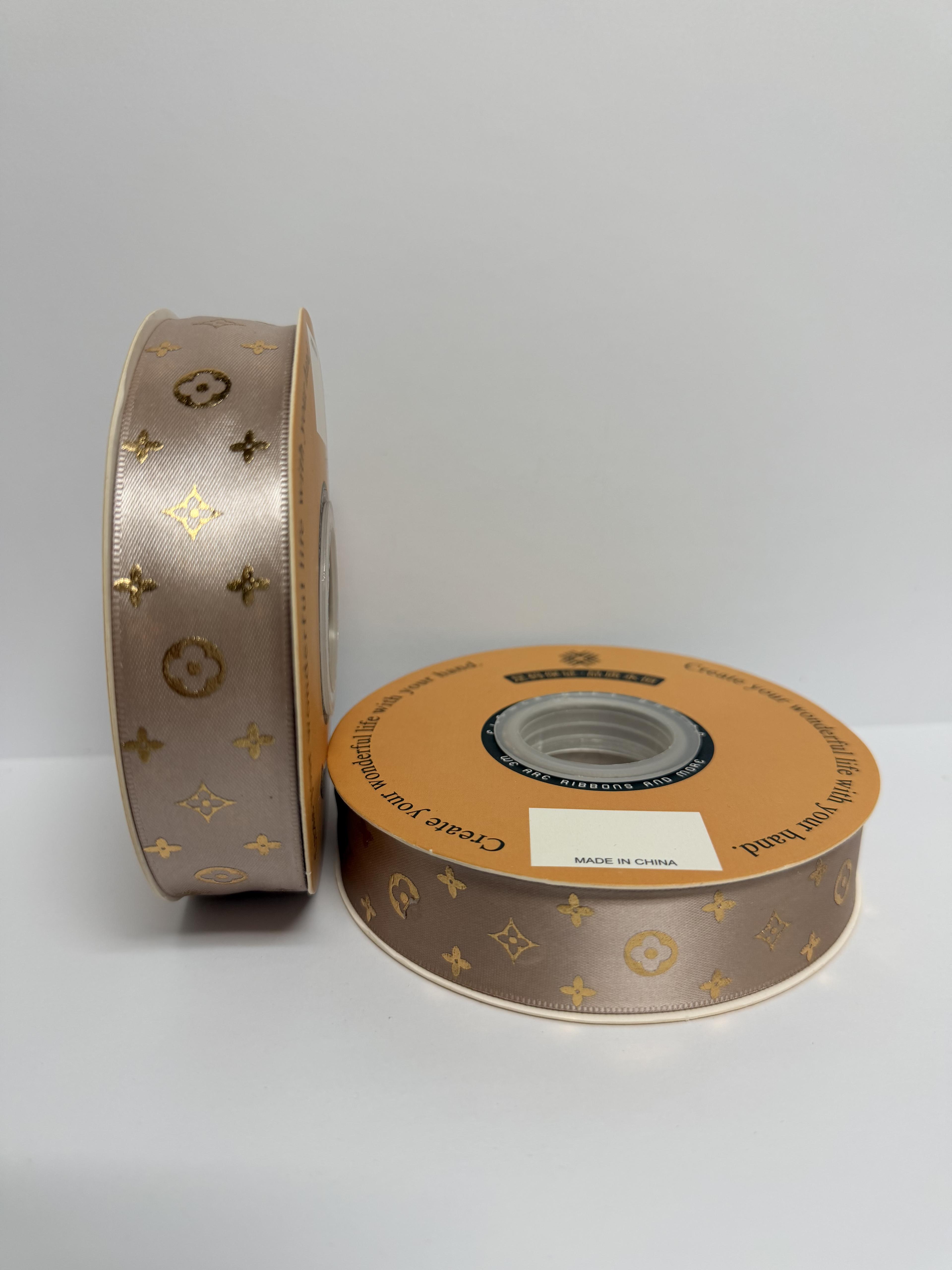 Gold Branded 1 inch Taupe Ribbon