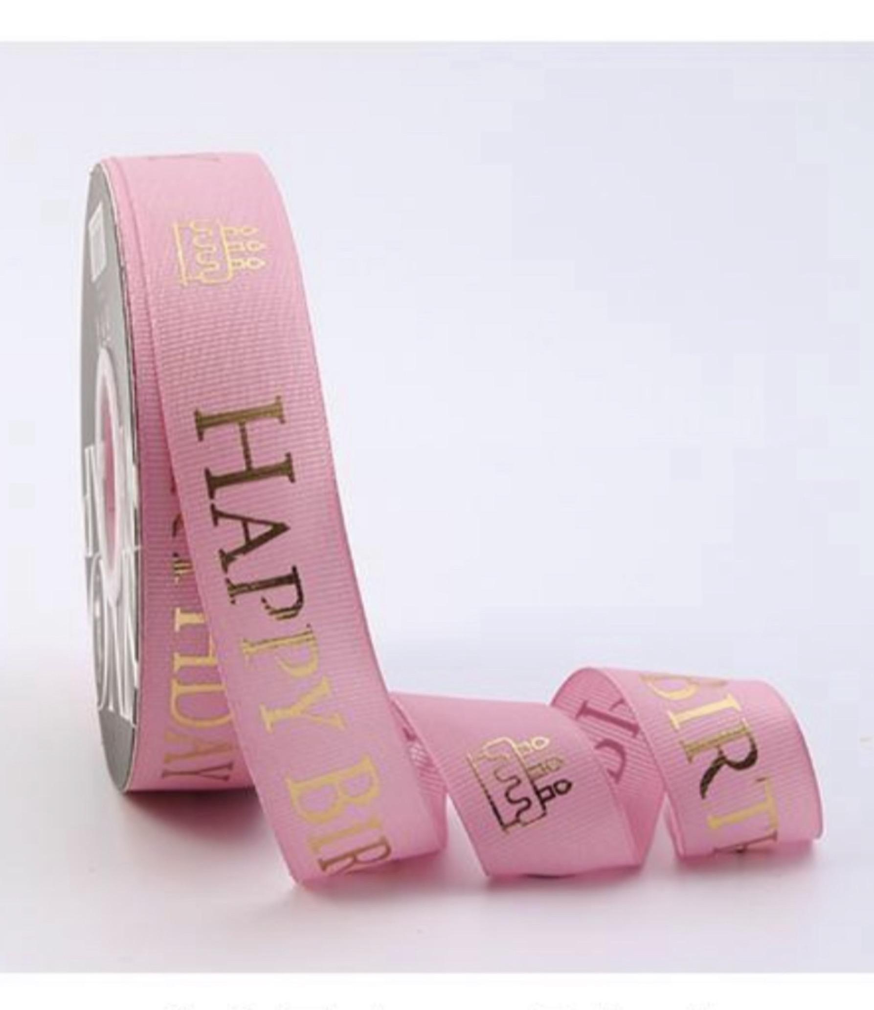 Gold Happy Birthday 1 inch Pink Ribbon