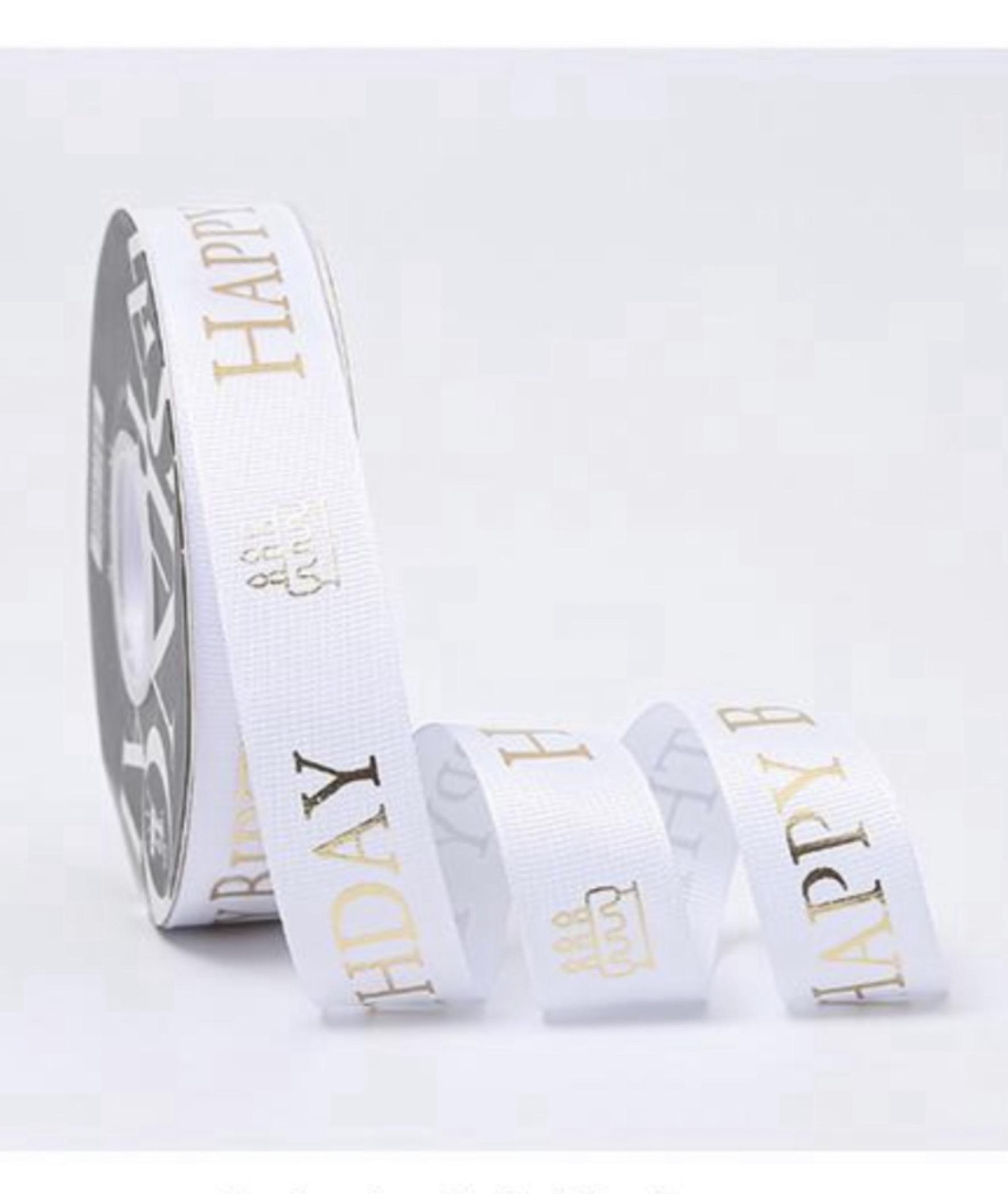 Gold Happy Birthday 1 inch White Ribbon