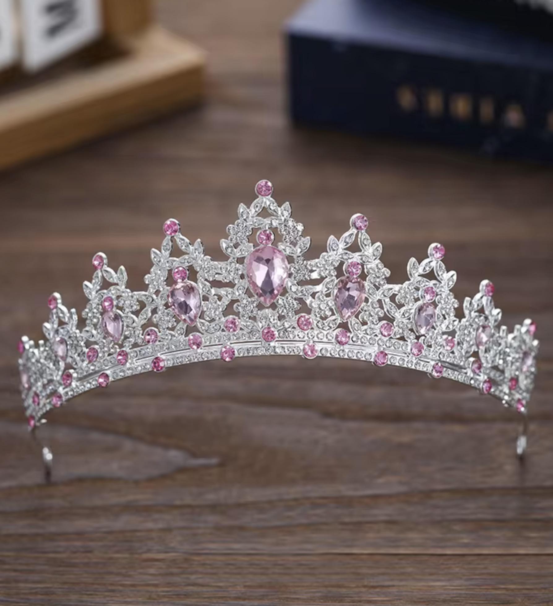 Jeweled Tiara in Silver — pink