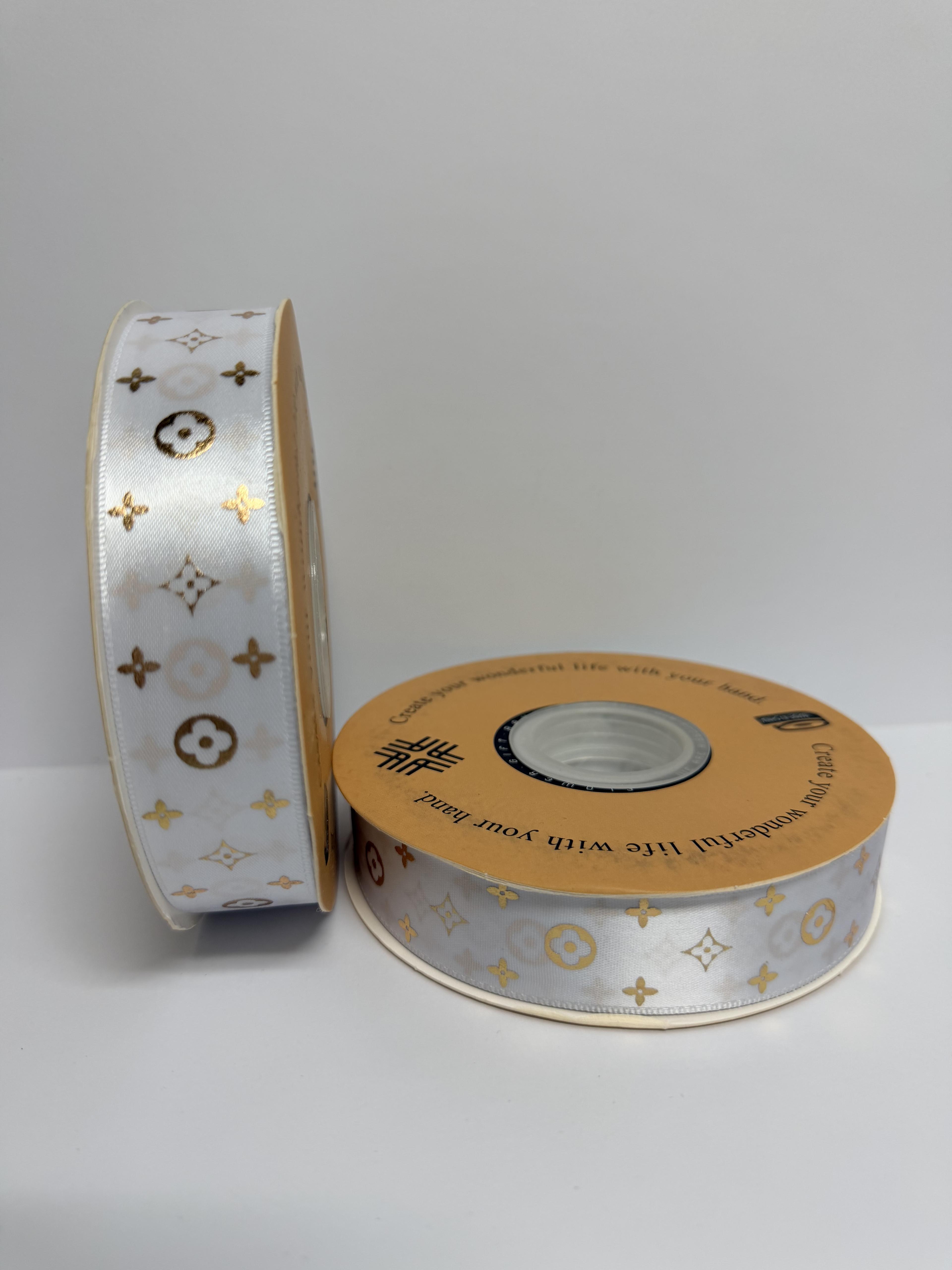 Gold Branded Design 1 inch White Ribbon